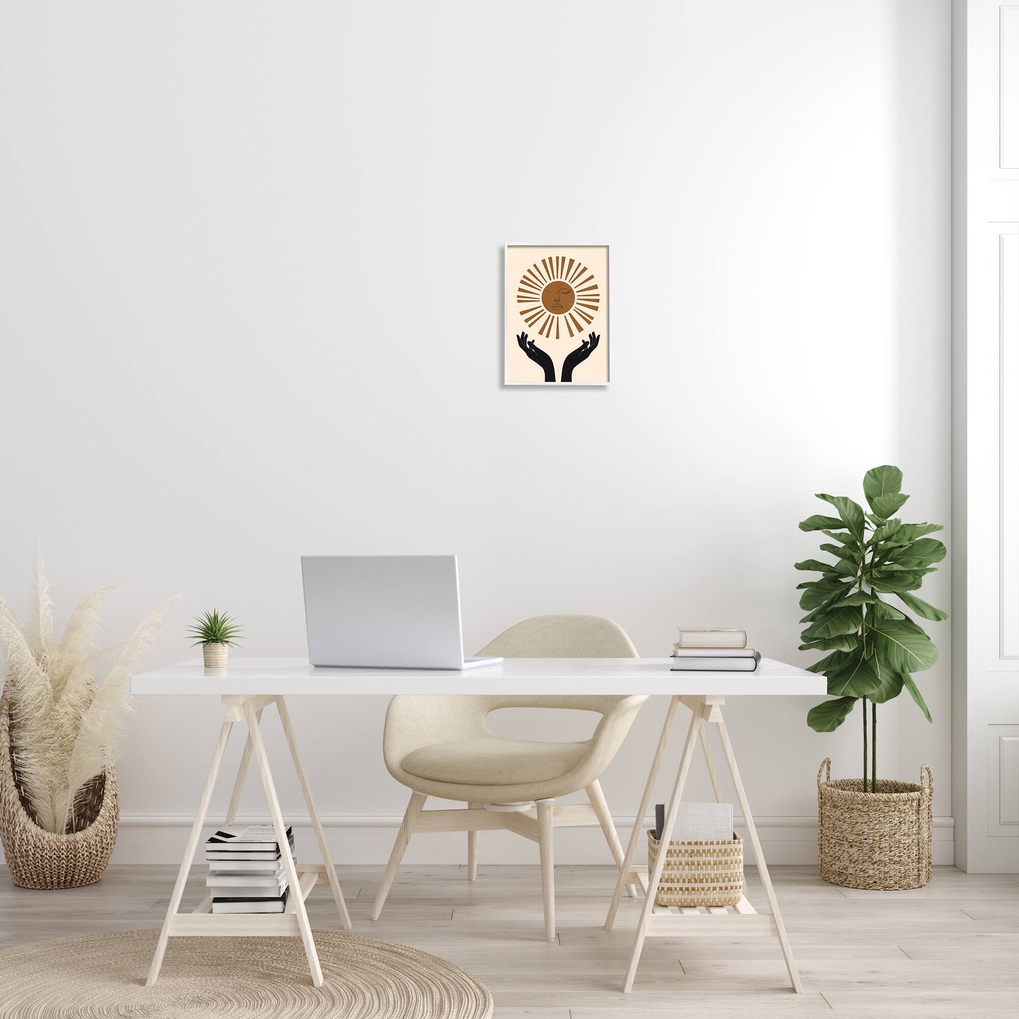 Stupell Industries Hands Holding Desert Sun with Face Linework in White Frame Wall Art